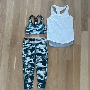 Under Armour White Tank with Green & Teal Camo Sports Bra and Leggings